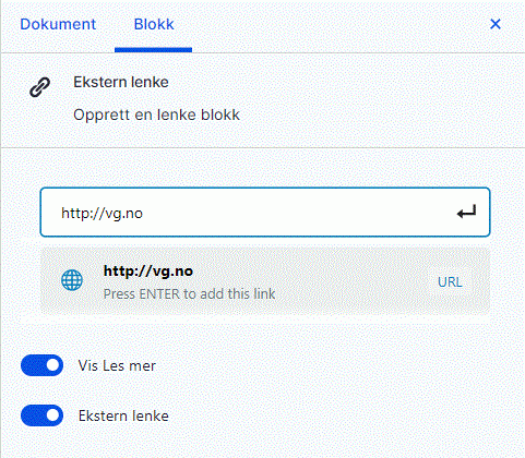 I blokkfanen kan du legge inn URL og sette på lenkepil for lenke og markør for ekstern lenke