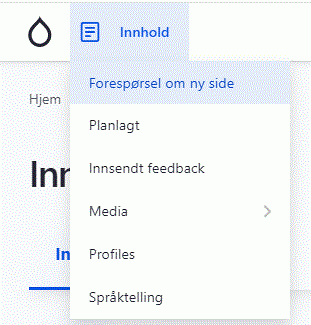 Meny for Innhold der menypunktet "Forespørsel om ny side" er uthevet